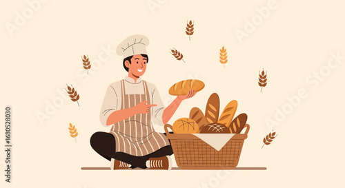 Cheerful Baker Holding Bread with Assortment of Baked Goods in a Basket Illustration