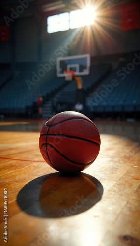 A lone basketball rests center court, sunlight streaming across polished wood Ready for the next game, the atmosphere is one of anticipation and potential , anticipation, silence, court