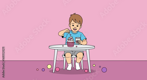 Cheerful Child Preparing Cupcake In Sweet Scene Over Pink Pastel Background