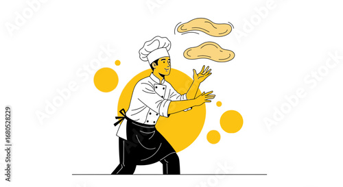 Cheerful Illustration Of A Chef Tossing Pizza Dough In The Air While Smiling