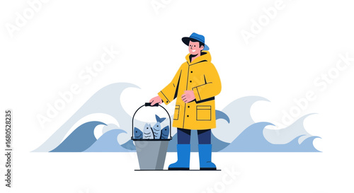 Cheerful Fisherman Holding Pail of Freshly Caught Fish Ready to Sell and Smiling
