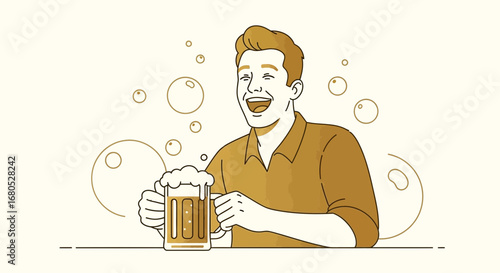 Cheerful Male Enjoying Refreshing Beer, Representing Contentment and Relaxation, Smiling