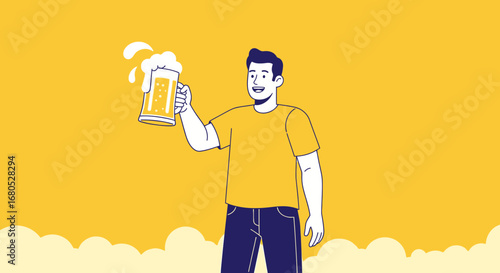 Cheerful Man Holding Beer Mug, Toasting Joyfully with Vibrant Yellow Background