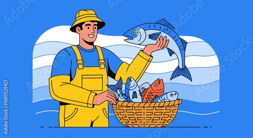 Cheerful Sailor Shows Off Fresh Catch From The Sea Filled With Different Species Of Fish