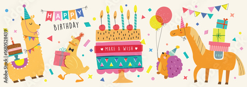 Happy birthday collection with cartoon character animals. Birthday party vector illustration for greeting card, invitation, event, poster, sticker, prints.

