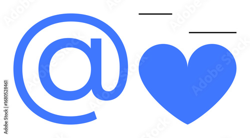 At symbol alongside a heart shape in blue with minimalist lines. Ideal for modern design, connection, social media, messaging apps, digital relationships, networking, positive emotion, simple landing