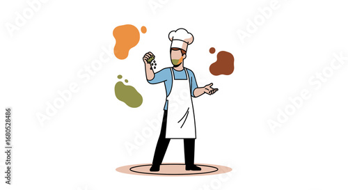 Chef Adding Seasoning To Dish With Abstract Colored Shapes and Clean Design