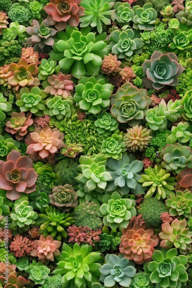 Fototapeta premium Lush vertical gardens showcase diverse succulent plant arrangements, featuring vibrant green and rosy hues creating a natural botanical backdrop.