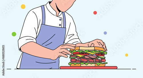 Chef Assembling Exquisitely Layered Sandwich Illustration with Fresh Ingredients