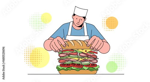 Chef Assembling A Massive Sandwich With Layered Ingredients And Colorful Accents