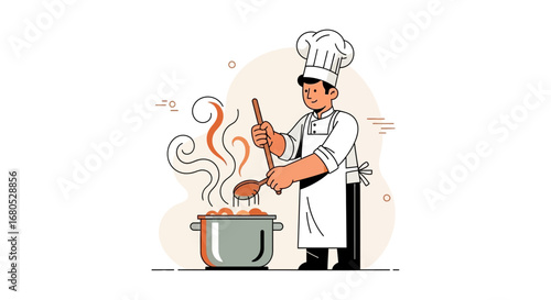 Chef Cooking Delicious Meal In A Pot, Preparing Food, Professional Culinary Illustration