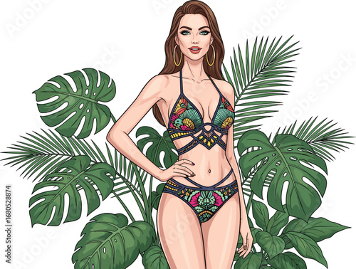 Beautiful woman in floral bikini posing with tropical palm leaves, summer beach fashion model, exotic swimsuit vector illustration