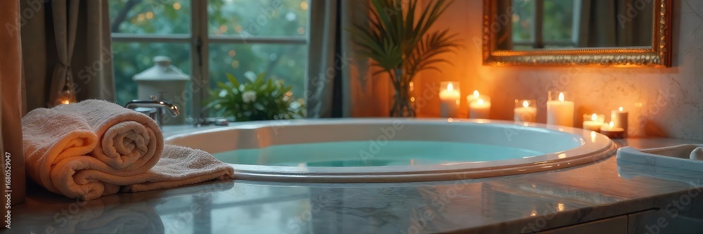 Fototapeta premium A luxurious bathroom scene, featuring soft lighting, a deep soaking tub, plush towels, and aromatic candles, creating an atmosphere of tranquility and self-care , bathroom design, bath products
