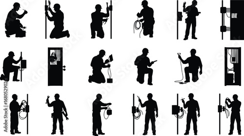 Silhouette electrician working with electrical panel, power lines maintenance, wiring installation, safety technician repair service, energy equipment operator, electricity engineering illustration