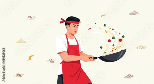 Chef Cooks Delicious Asian Cuisine Dishes In A Wok, Illustrative Graphic
