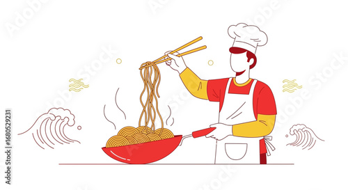 Chef Creatively Preparing Noodles Dish in a Lively Artistic Illustration with Fresh Colors