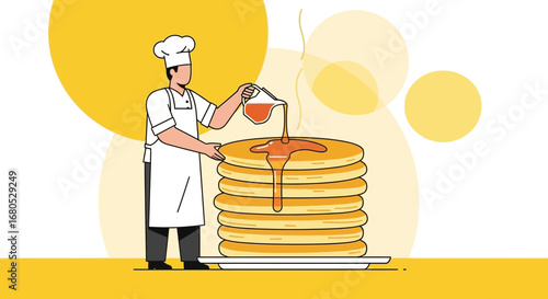 Chef Creating Golden Pancakes With Syrup Pouring For Delicious Breakfast Illustration