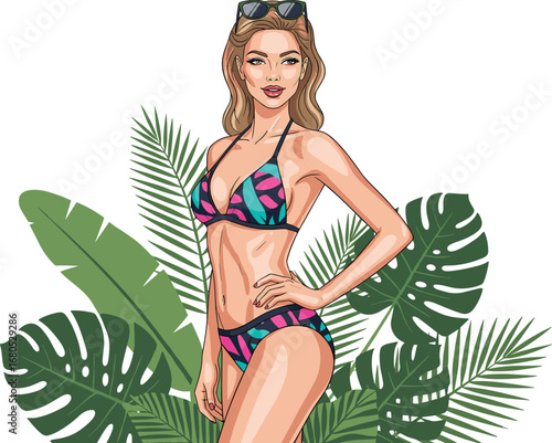 Beautiful woman in colorful bikini posing with tropical leaves, summer fashion beach model, stylish swimsuit vector illustration