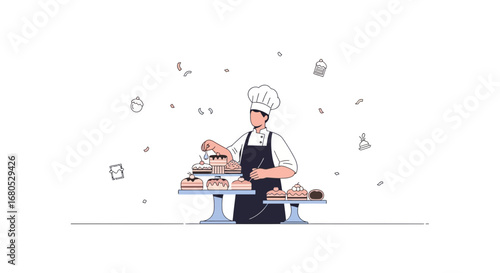 Chef Decorating Cakes: A Minimalist Illustration For Baking And Dessert Concepts
