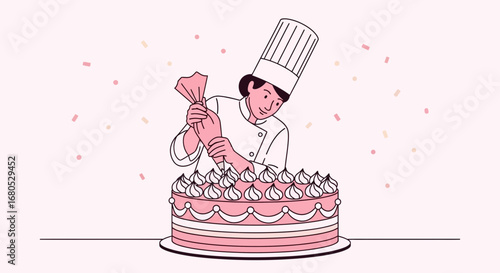 Chef Decorating Elegant Cake With Artistic Frosting Presentation For Celebration Occasion