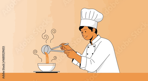 Chef Expertly Ladling Hot Soup Into A Bowl In A Restaurant Kitchen Setting