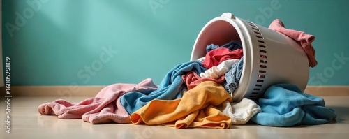 A overflowing laundry basket spills onto the floor, a chaotic pile of wrinkled clothes and fabrics  Clean clothes are mixed with soiled items, suggesting a need for laundry day , home life, pile