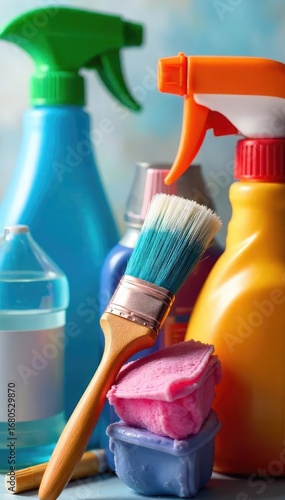 A paintbrush, meticulously cleaned, rests amidst household cleaning supplies; a whimsical juxtaposition of art and chores ,  vacuum,  domesticity