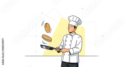 Chef Flipping Pancakes With Pan In Illustrated Cartoon Style With Modern Look