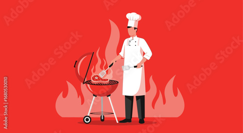 Chef Grilling Steak Against Flaming Backdrop, Perfect For Culinary and Gastronomy Projects