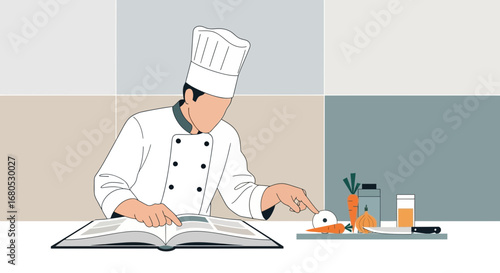 Chef Inspecting Recipe While Preparing Food for Culinary Creation and Inspiration