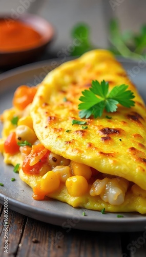 A perfectly cooked omelet, ready to enjoy immediately  Fluffy eggs, savory filling, ideal for a quick and delicious meal or snack  Easy breakfast, lunch, or dinner option ,  food,  lunch,  savory