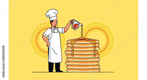 Chef Pouring Syrup Onto a Stack Of Pancakes With A Sunny Yellow Background For Breakfast