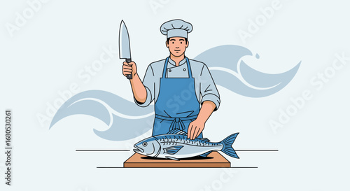 Chef Prepares Fresh Catch, Holding Knife over Fish on a Cutting Board for Culinary Art