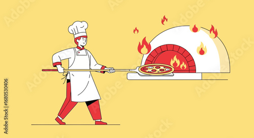 Chef Preparing Culinary Creation: Pizza Baking in a Traditional, Fiery Oven