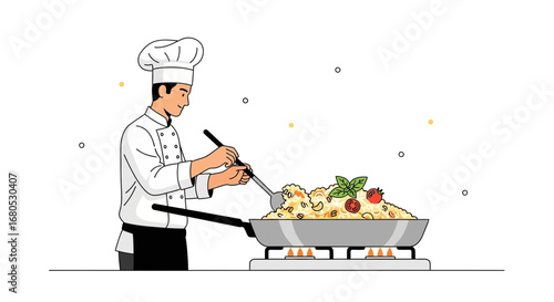 Chef Preparing Delicious Dish, Cooking Food Illustration On White Background Perfectly