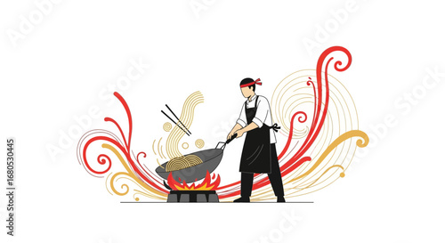 Chef Preparing Delicious Noodles In A Wok With Artistic Swirls Decorations