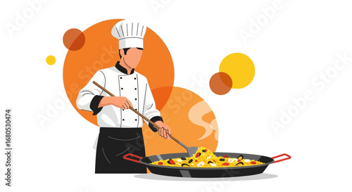 Chef Preparing Delicious Paella Dish In A Modern And Minimalist Style