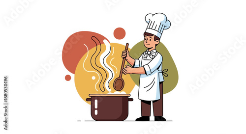 Chef Preparing Delicious Soup in a Pot with Kitchen Utensil and Illustration