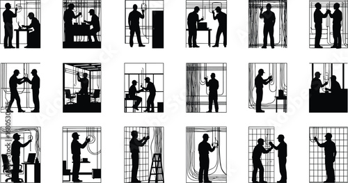 Silhouette electricians installing office wiring, technicians working with cables, engineers repairing electrical system, utility workers maintaining workplace wiring, safety equipment repair