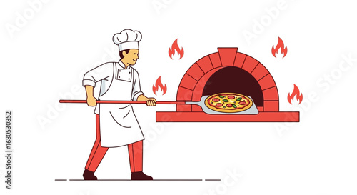 Chef Preparing Pizza In A Brick Oven, Delivering Deliciousness, Artistic Illustration Done