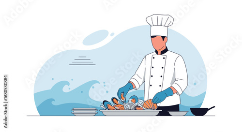 Chef Preparing Seafood Dishes In An Illustrative Vector Style Presentation