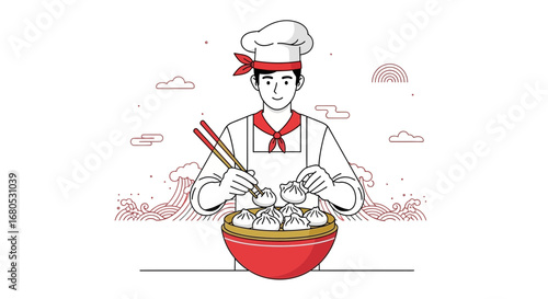 Chef Preparing Traditional Soup Dumplings in a Sleek Minimalist, Fine-Line Illustration
