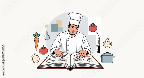 Chef Reading Cookbook Preparing Culinary Recipe With Fresh Ingredients For Cooking