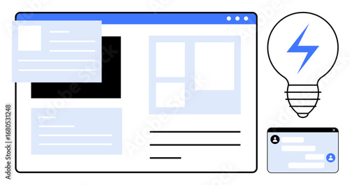 Web interface with layout cards, lightbulb symbolizing ideas, and user profile element. Ideal for web design, UIUX, innovation, technology, creativity, startups simple landing page