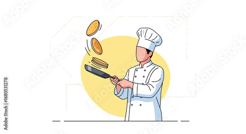 Chef Skillfully Flipping Pancakes in the Air with a Pan While Working in the Kitchen