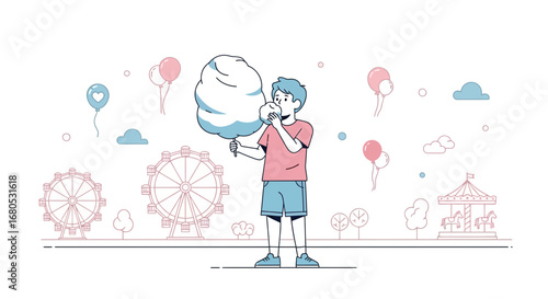 Child Enjoying Sweet Treat At The Amusement Park With Festive Decorations