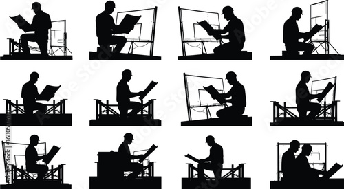 Silhouette engineer reading blueprint, construction worker planning project, professional architect with technical drawing, industrial design specialist checking building plan,