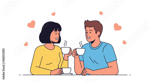 Couple Enjoying Coffee Together With Hearts, Happy Moments, Love, Joy, and Connection