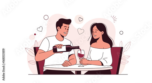 Couple Enjoying A Romantic Wine Date In A Restaurant Setting Vector Illustration