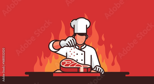 Culinary Art: A Chef Expertly Prepares Steak with Fiery Backdrop and Minimalist Style